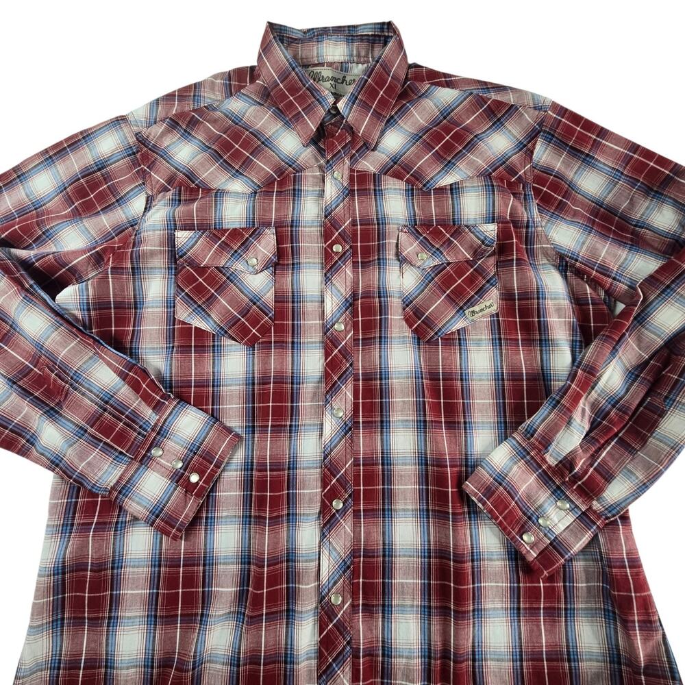 Wrangler VTG 90s Western Shirt Pearl Snap Wrancher Red Blue Plaid XL Cowboy